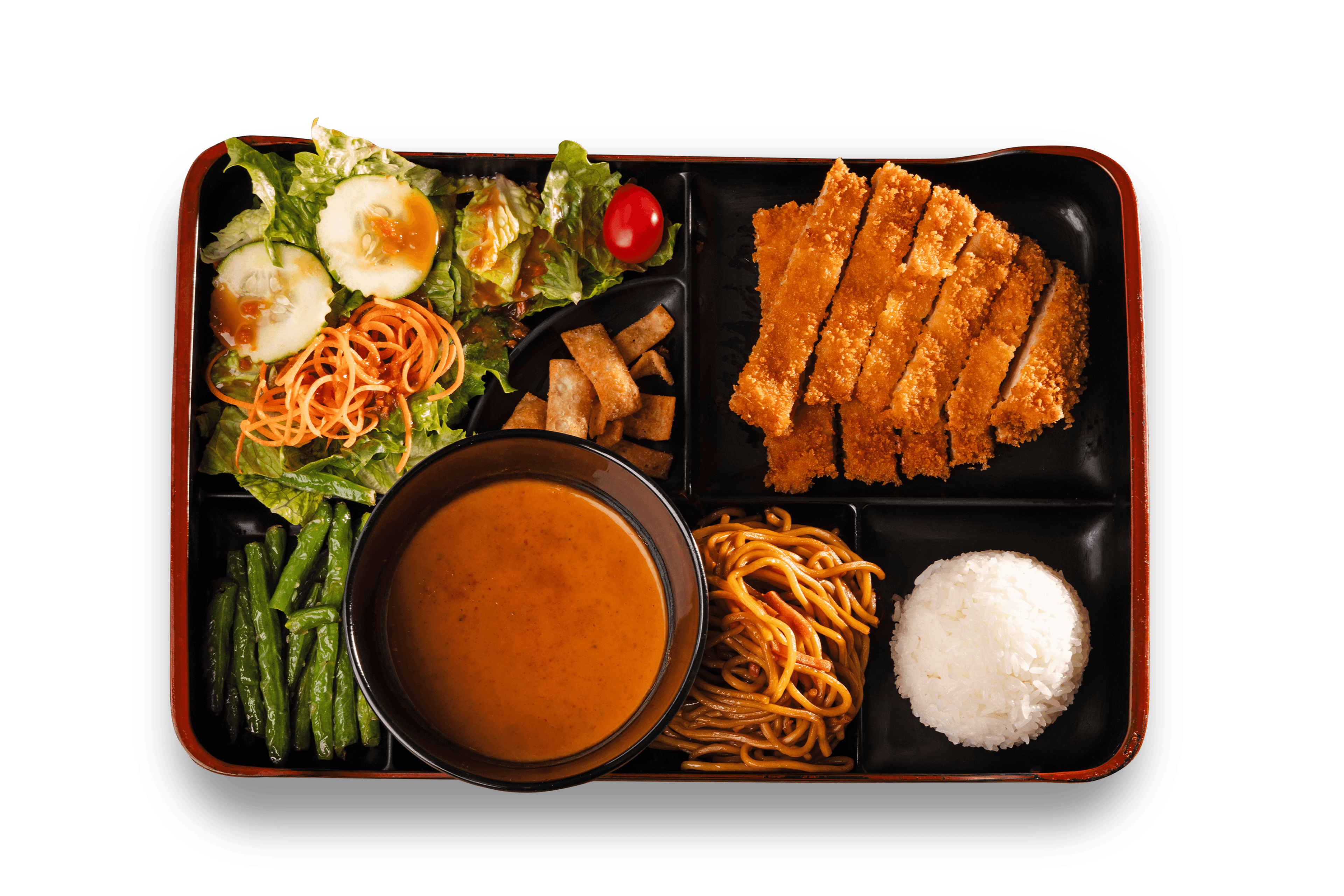 Bento box with variety of Asian cuisine